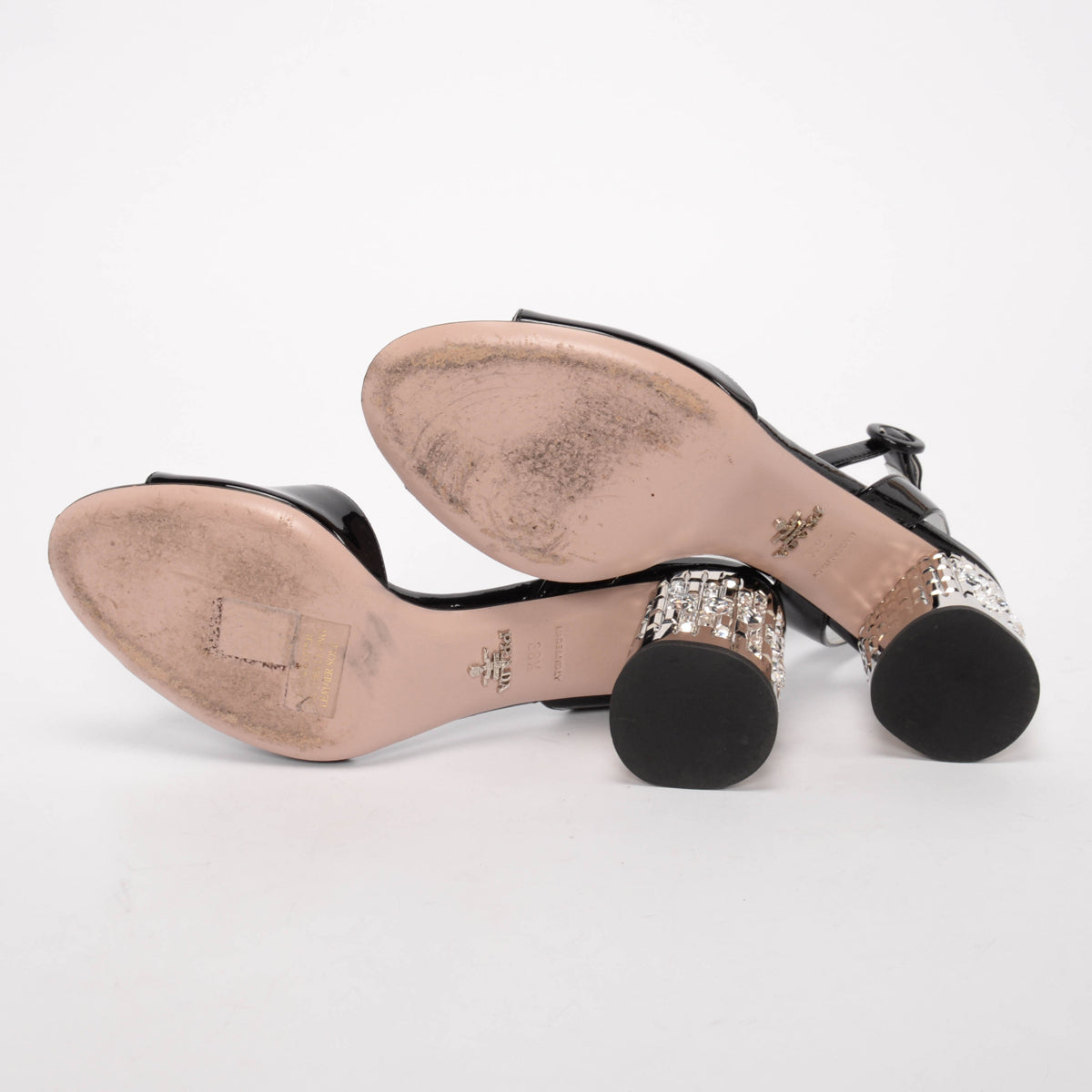 Prada Black Patent Crystal Heel Sandals 38.5