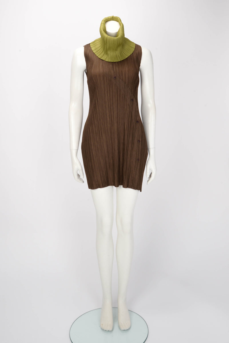 Pleats Please Green & Brown Pleated Collared Dress