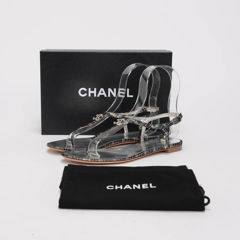 Chanel Black Iridescent CC Thong Sandals 40.5 - Blue Spinach