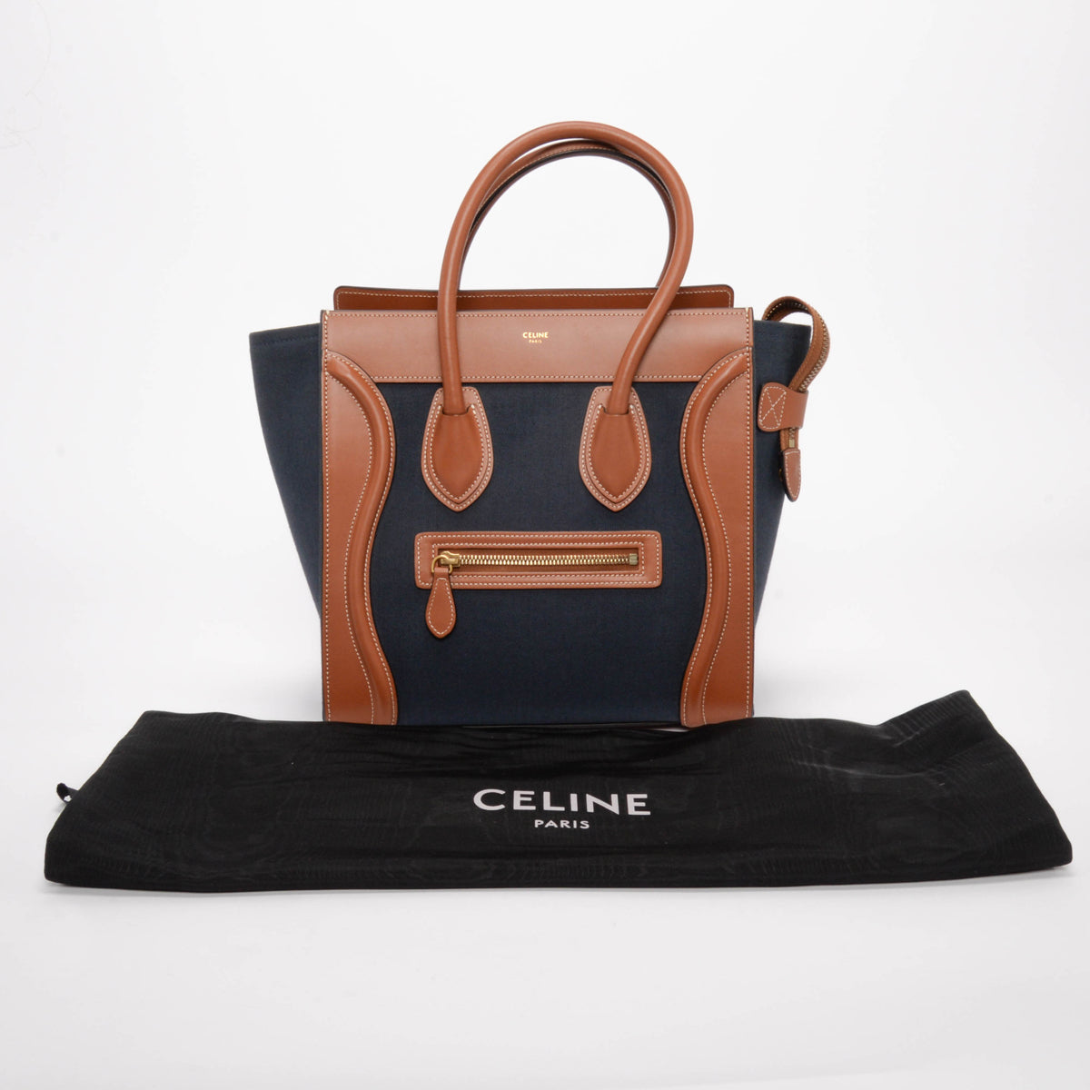 Celine Tan & Navy Canvas & Leather Micro Luggage Tote