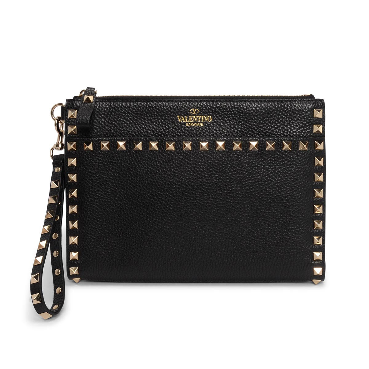 Valentino Black Grained Calfskin Rockstud Wristlet Pouch