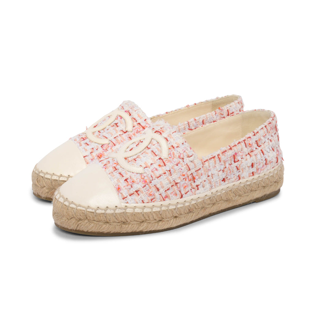 Chanel White & Pink Tweed CC Espadrilles 37