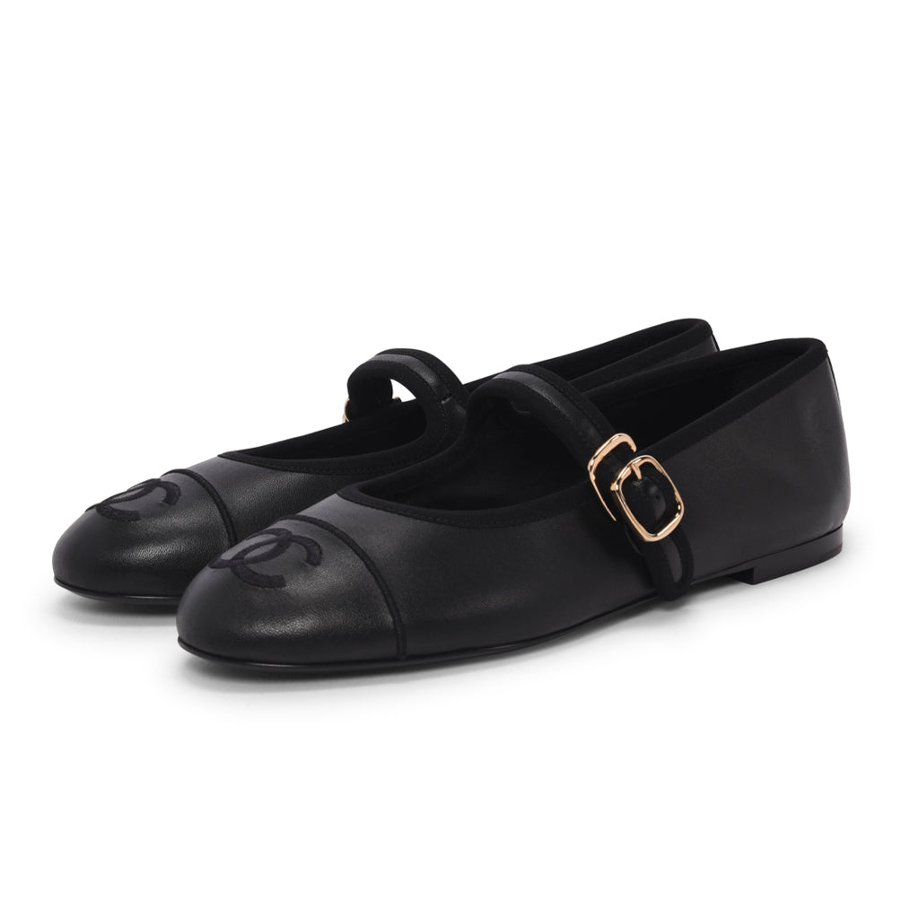 Chanel Black Lambskin CC Mary Jane Flats 38