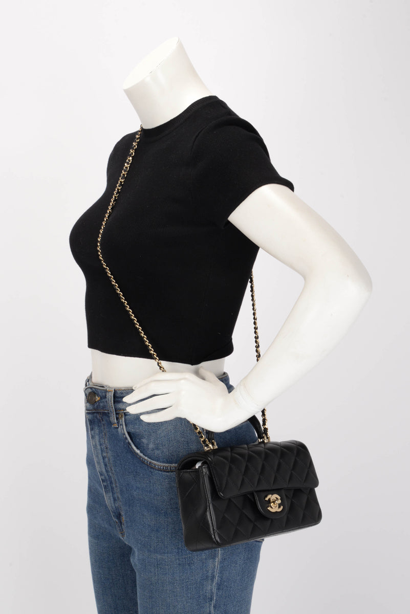 Chanel Black Lambskin Mini Top Handle Rectangular Flap Bag