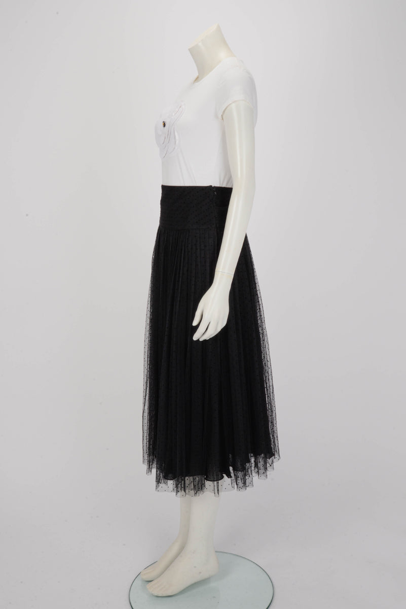 Dior Black Polka Dot Tulle Pleated Skirt FR 36