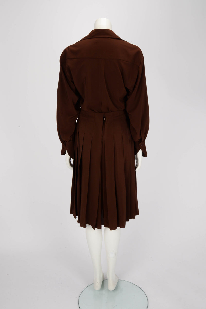 Chloe Brown Silk Pleated Shirt Dress FR 34