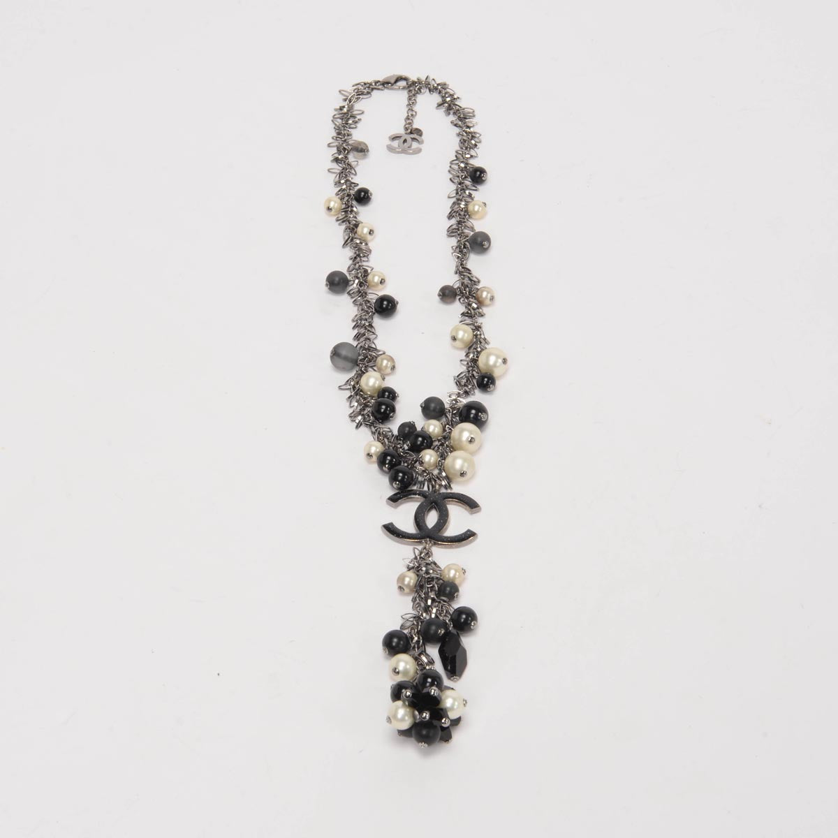 Chanel Pearl & Black Beaded Silver Chain CC Necklace