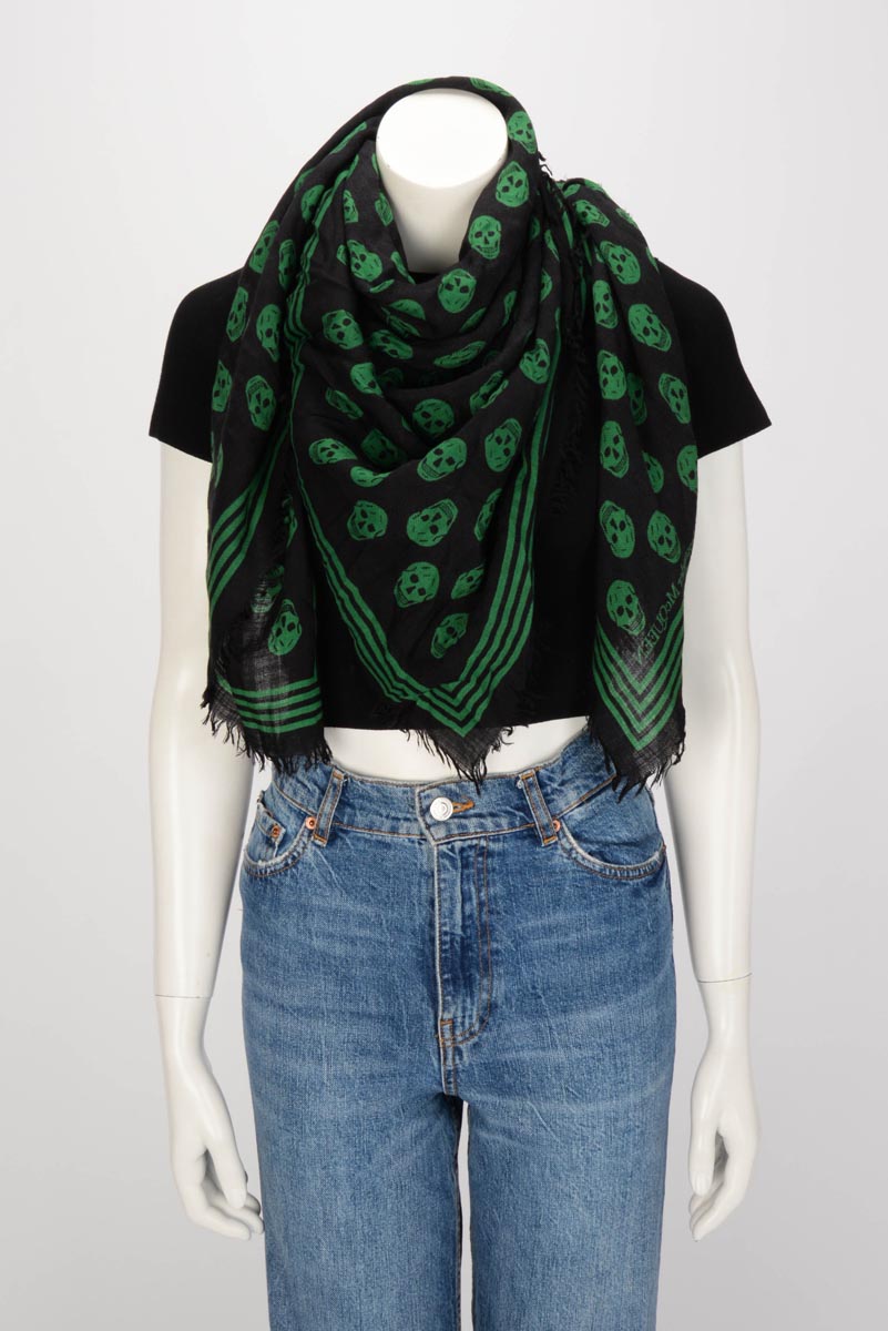 Alexander McQueen Black & Green Wool Biker Skull Scarf