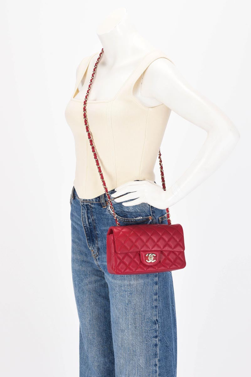 Chanel Red Quilted Lambskin Mini Rectangular Flap Bag