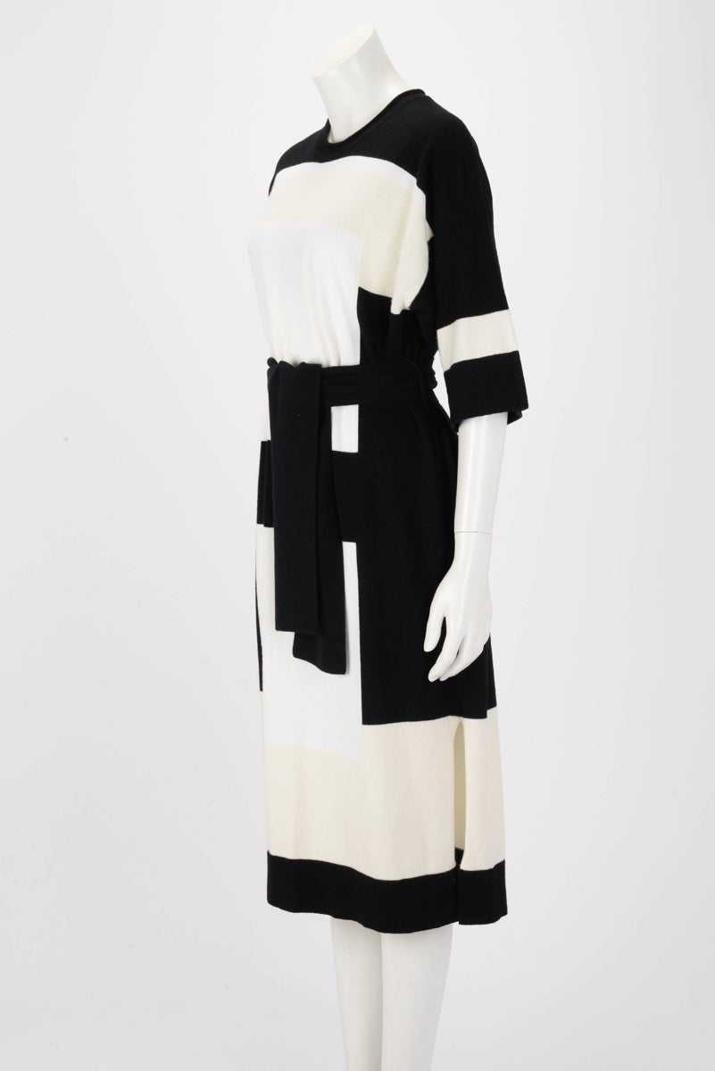 Hermes Black & White Cashmere Belted Midi Dress FR 38