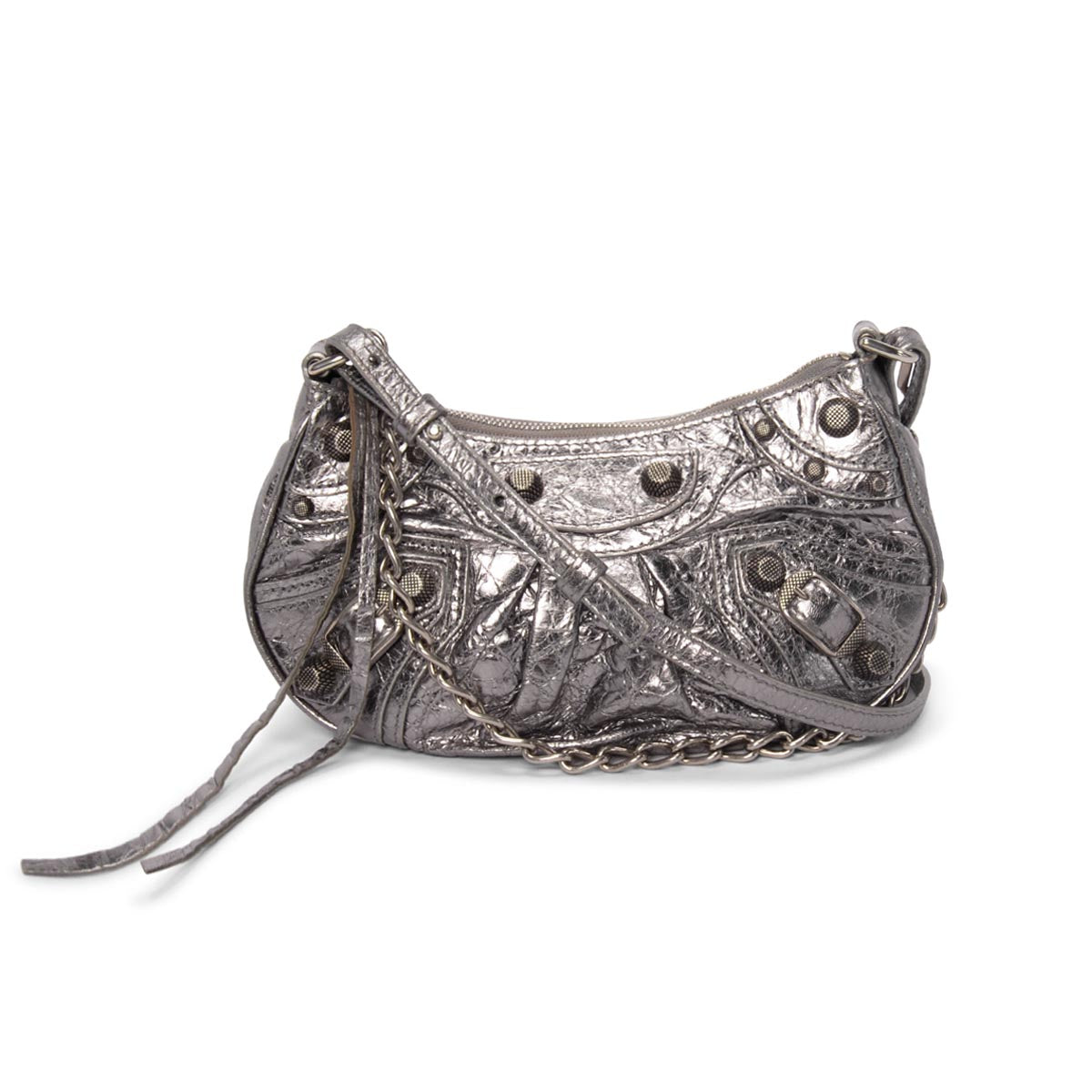 Balenciaga Silver Metallic Lambskin Le Cagole Mini Bag with Chain