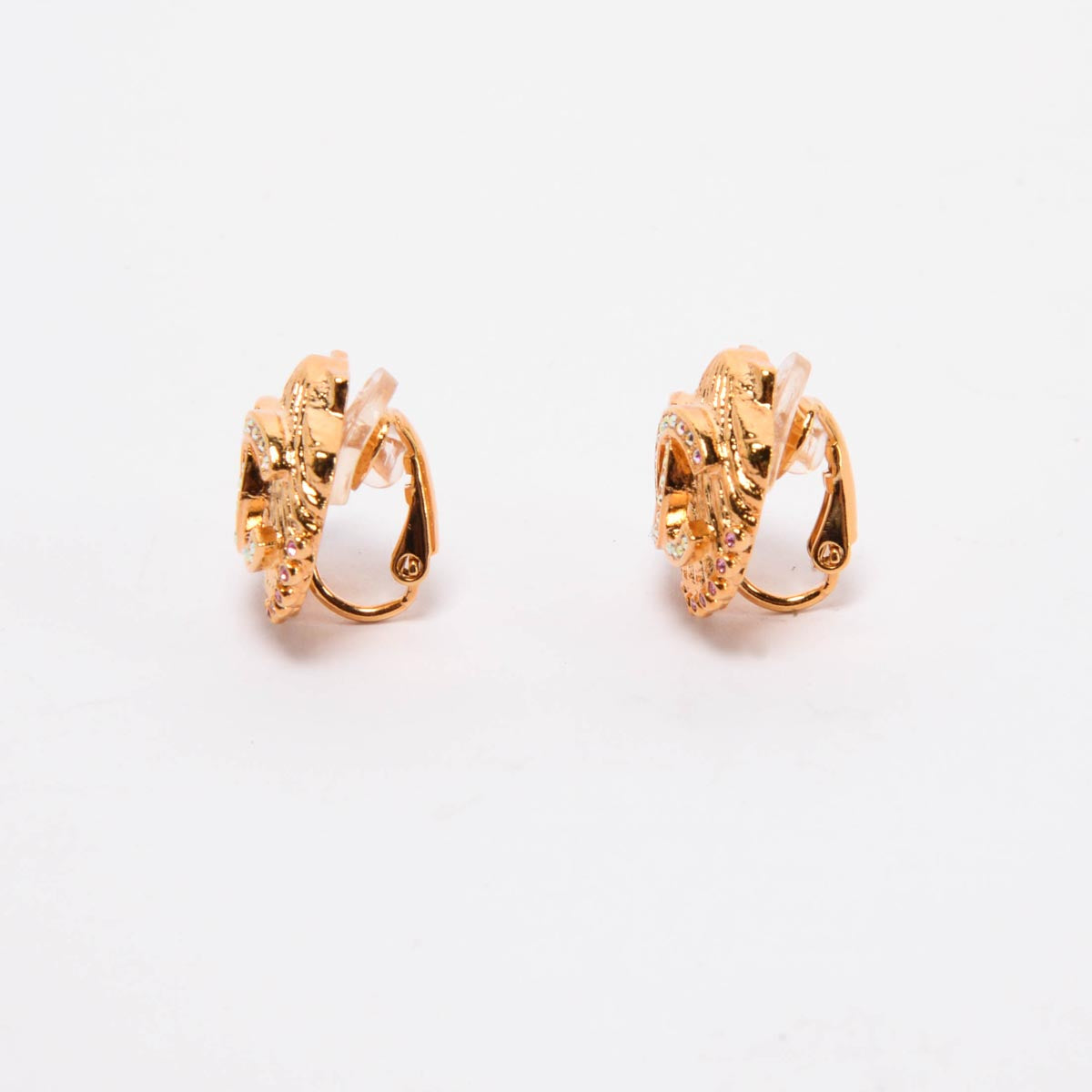 Chanel Gold Crystal CC Shell Clip-On Earrings