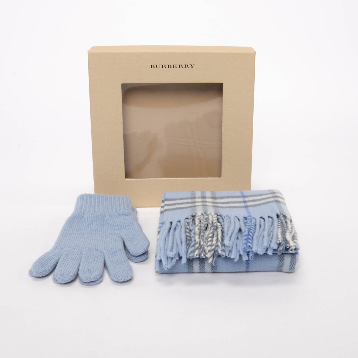 Burberry Blue Wool Blend Nova Check Scarf + Gloves