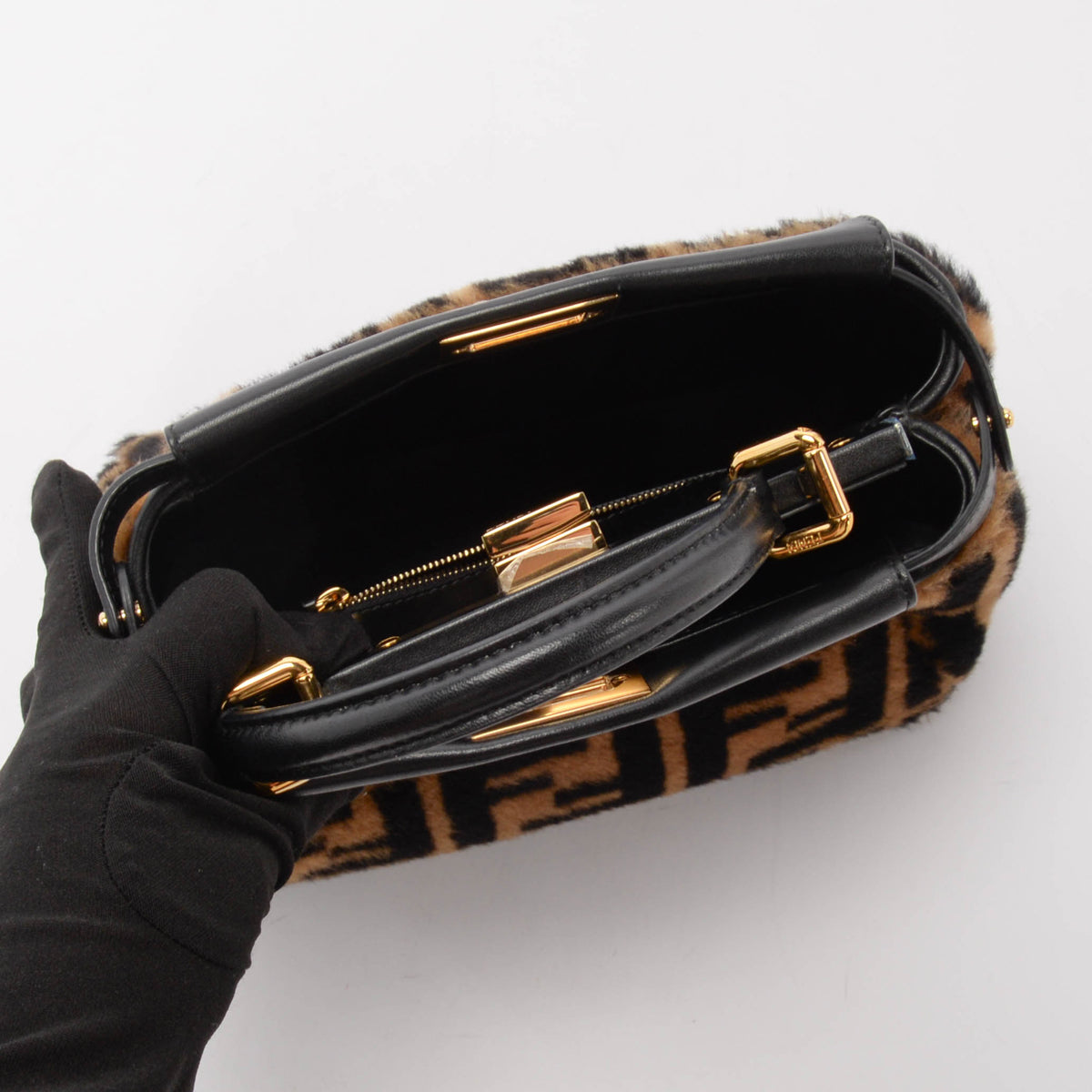 Fendi Tobacco & Black FF Shearling & Nappa Mini Peekaboo Bag