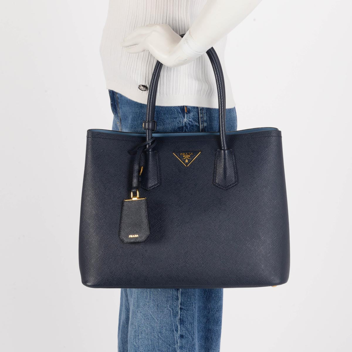 Prada Navy Saffiano Medium Double Bag