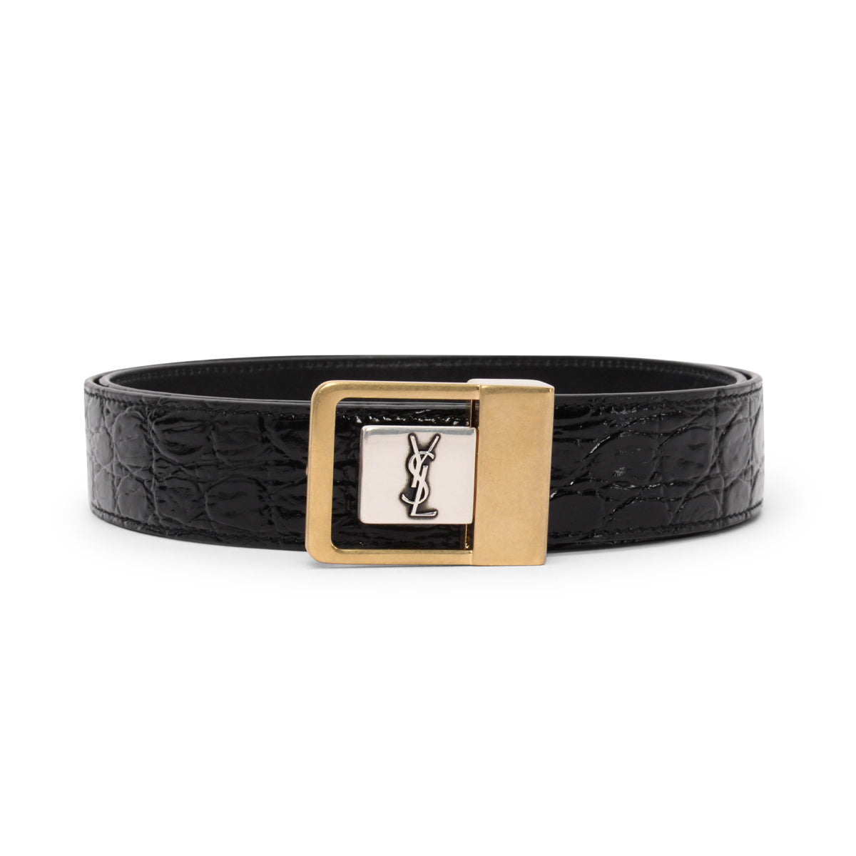 Saint Laurent Black Croc Embossed Leather Logo Buckle Belt