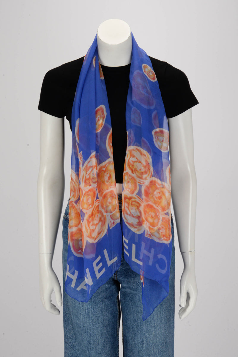 Chanel Blue Silk Chiffon Camellia Print Scarf