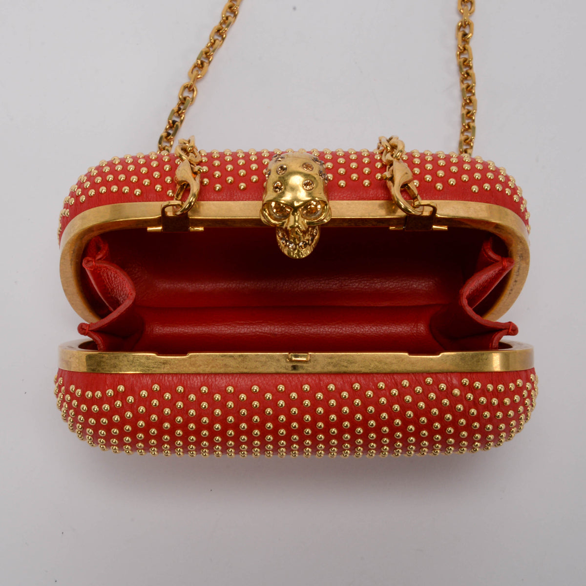 Alexander McQueen Red Studded Leather Skull Clutch + Chain