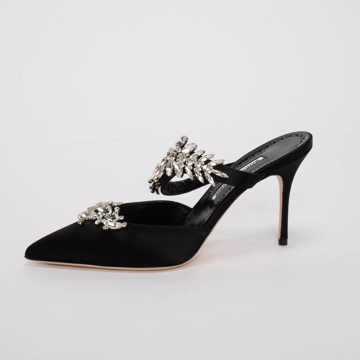 Manolo Blahnik Black Satin & Crystal Lurum Pumps 39.5