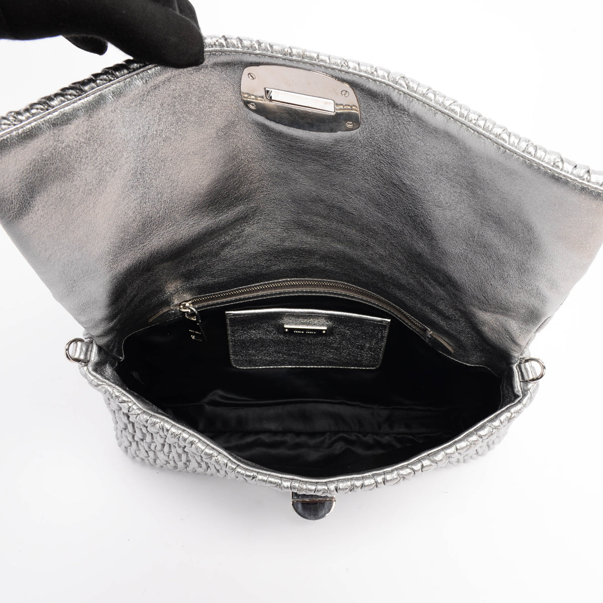 Miu Miu Silver Matelasse Nappa Crystal Shoulder Bag