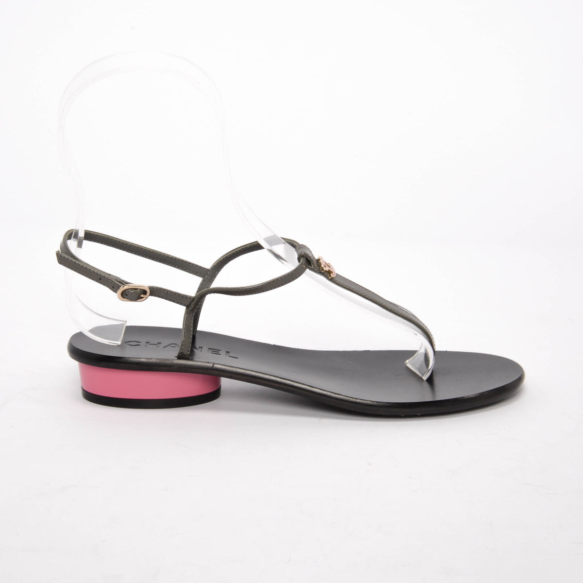 Chanel Khaki & Pink Patent CC Thong Sandals 37