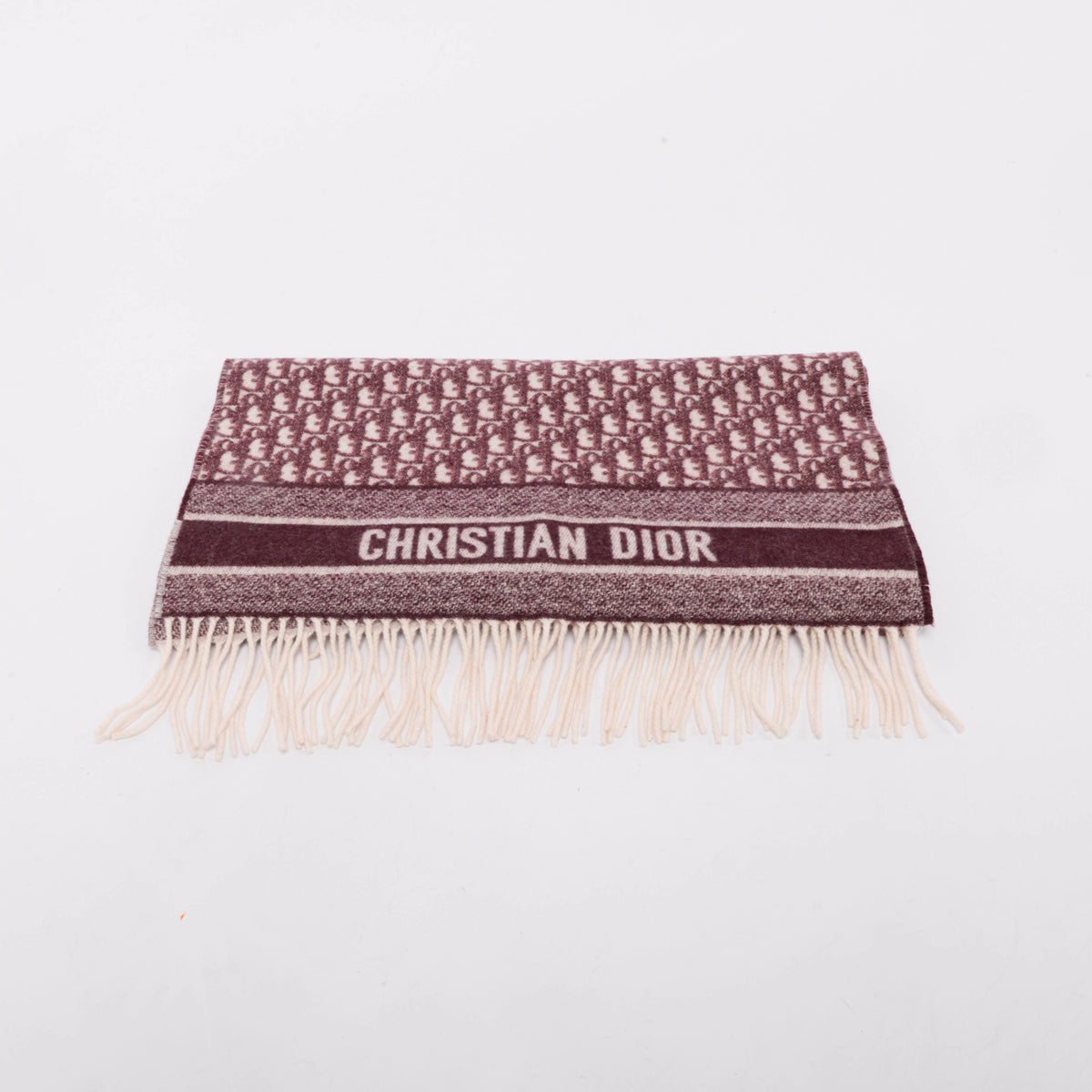 Dior Burgundy Cashmere Oblique Fringed Scarf