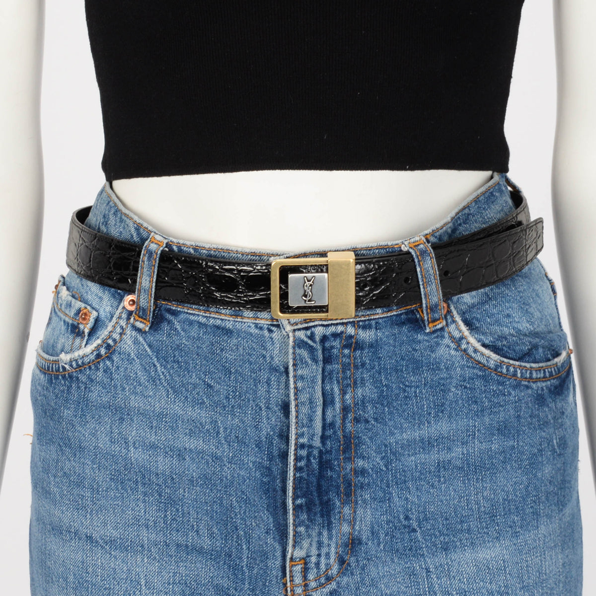 Saint Laurent Black Croc Embossed Leather Logo Buckle Belt