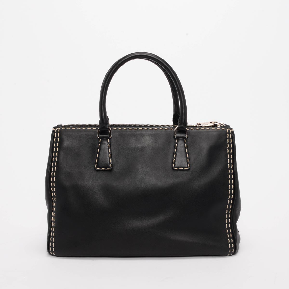 Prada Black Topstitched City Calf Medium Double Zip Tote