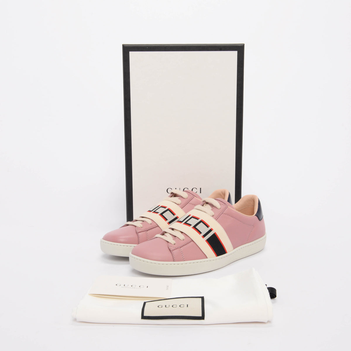 Gucci Pink Calfskin Ace Stripe Sneakers 35