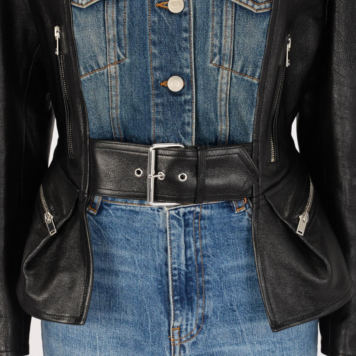 Alexander McQueen Leather & Denim Hybrid Cocoon Jacket IT 46