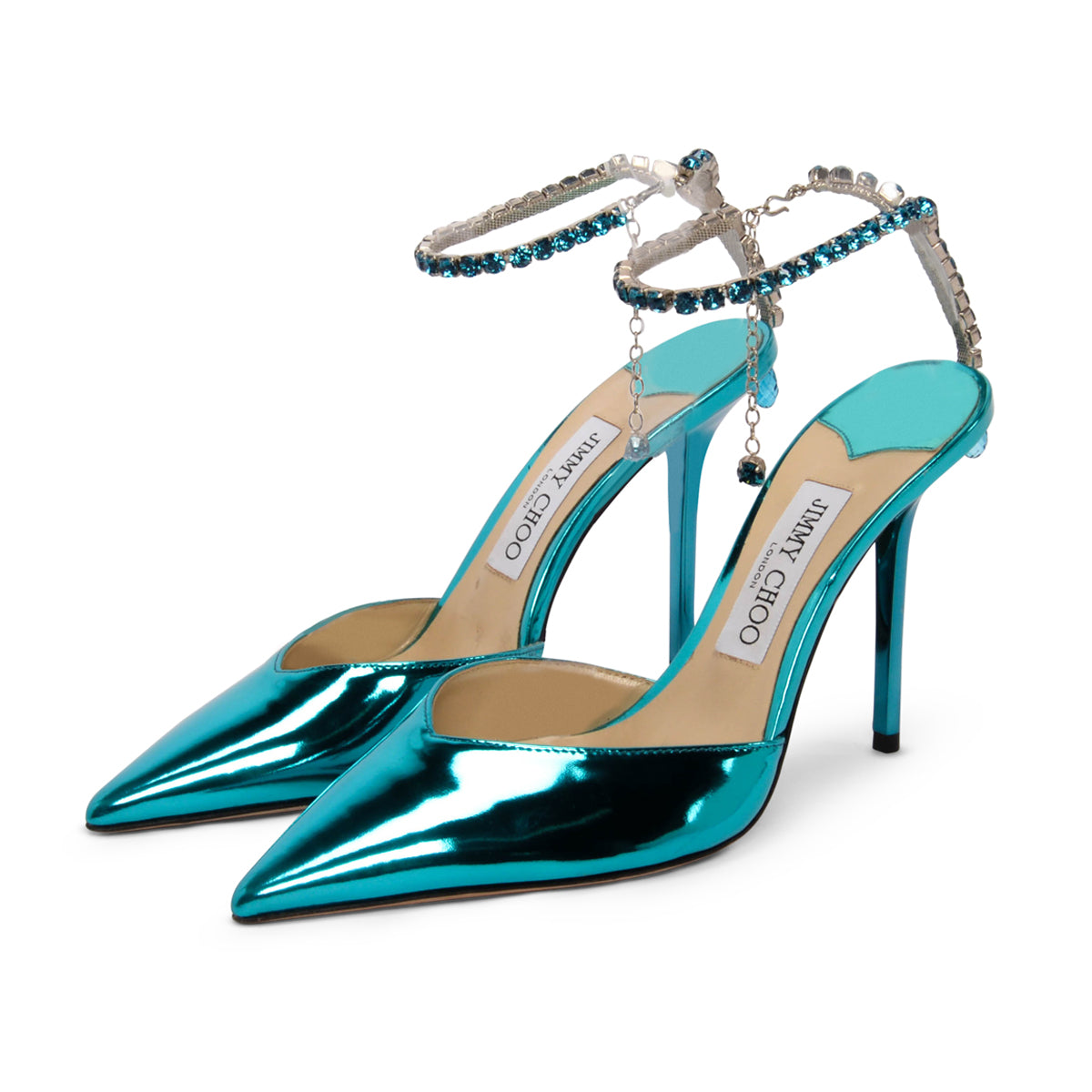 Jimmy Choo Blue Metallic Leather Crystal Saeda Pumps 38.5