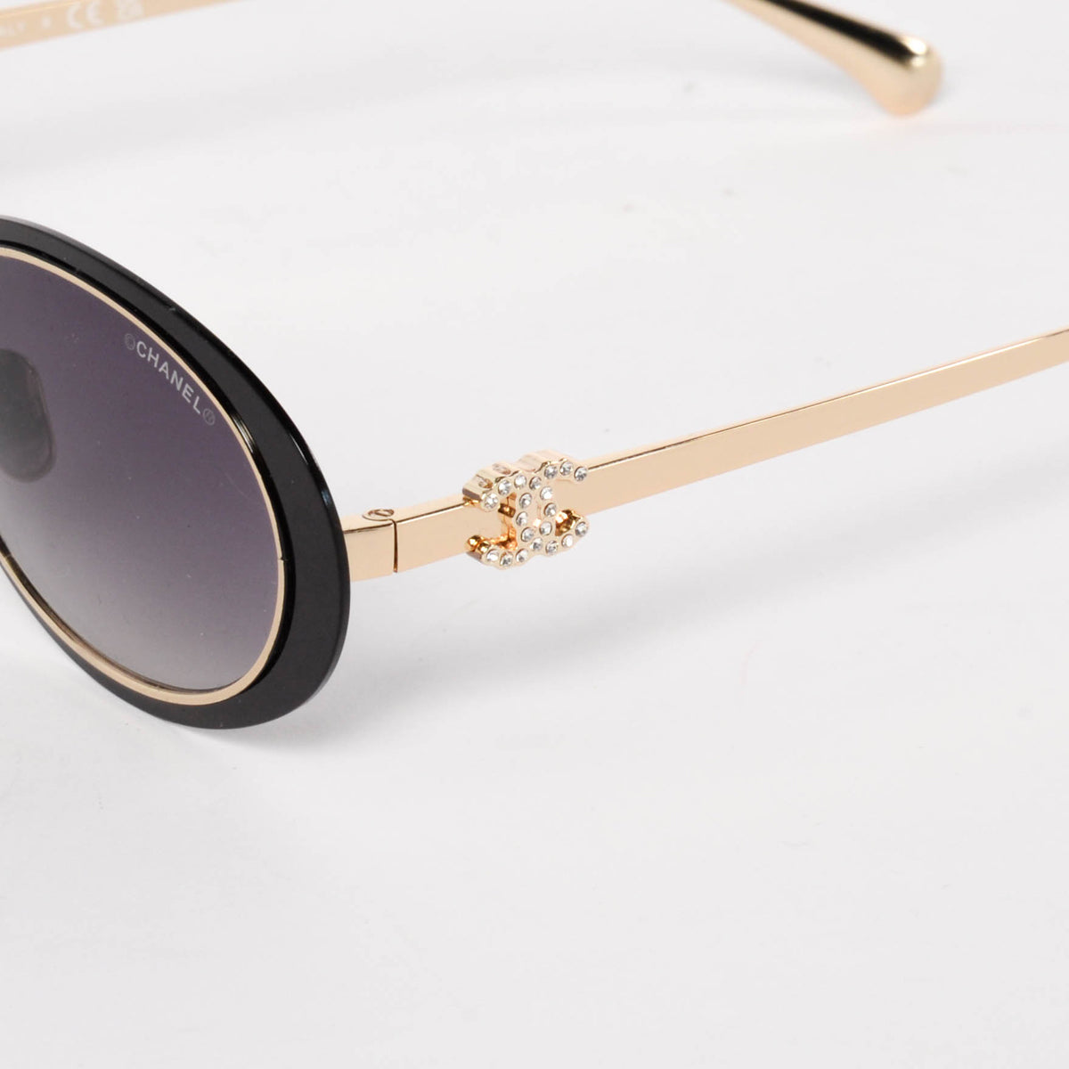 Chanel Black & Gold Oval Crystal CC Sunglasses