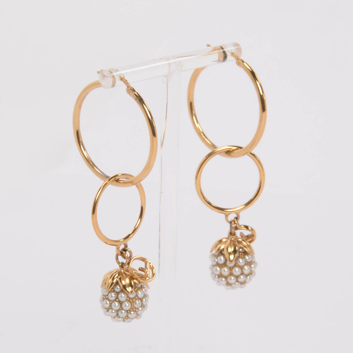 Fendi Gold Pearl Fruit Drop Hoop Earrings