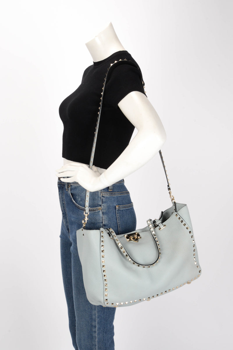 Valentino Pale Blue Grained Calfskin Medium Rockstud Trapeze Tote