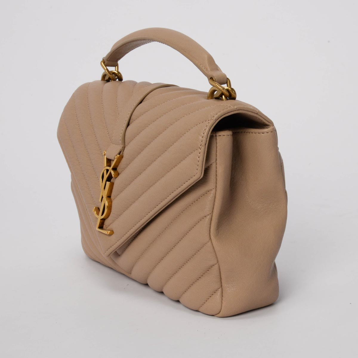 Saint Laurent Beige Chevron Calfskin Medium College Bag