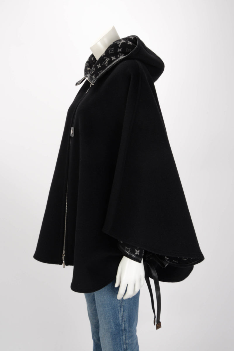 Louis Vuitton Black Wool Monogram Hooded Cape FR 36