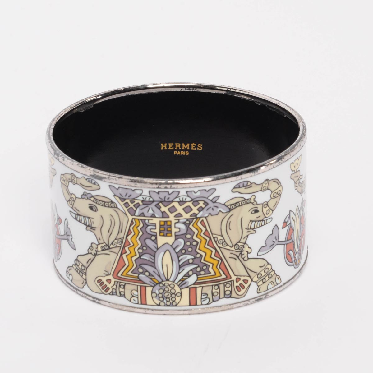 Hermes White Enamel Torana Elephant Extra Wide Bangle