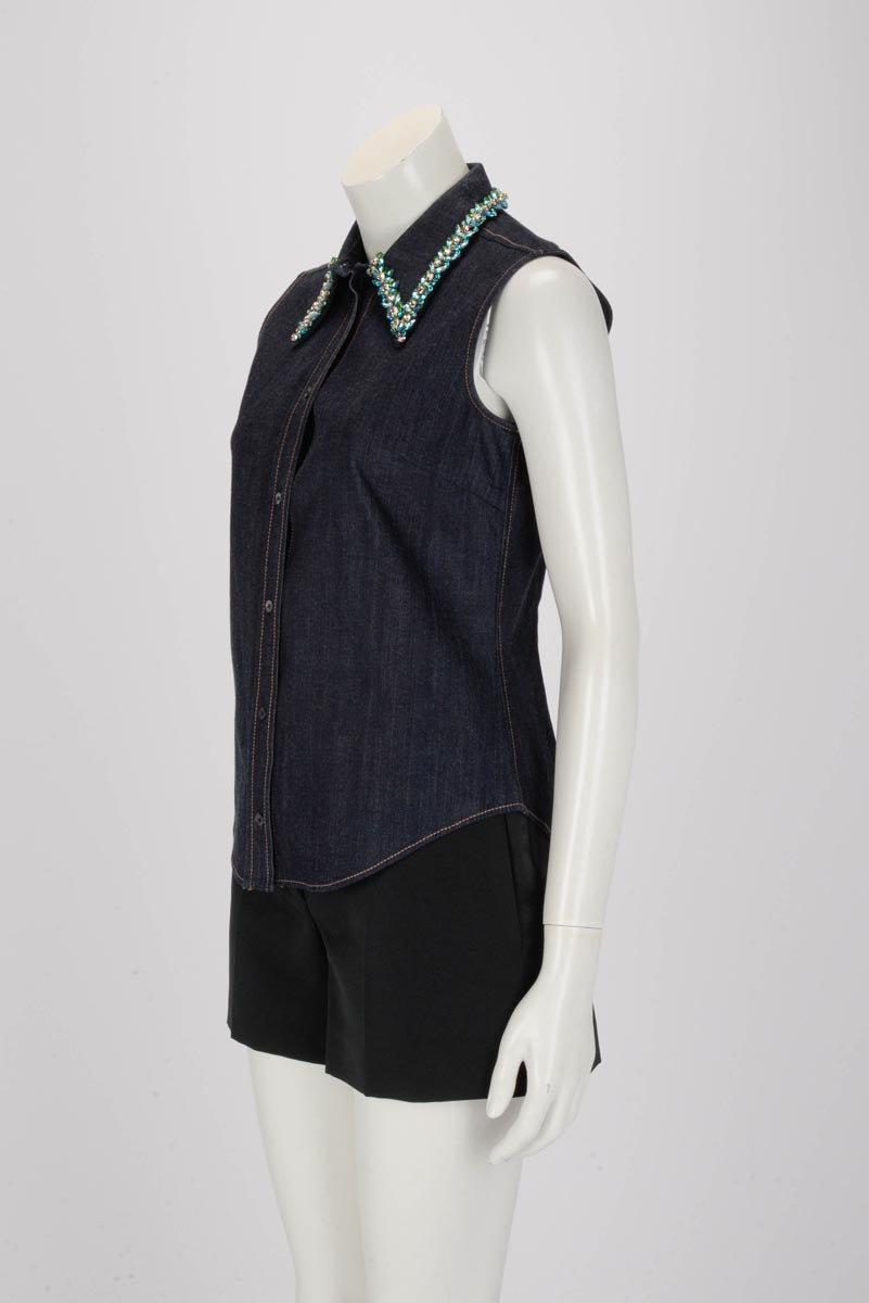 Miu Miu Indigo Denim Crystal Vest Top IT 40