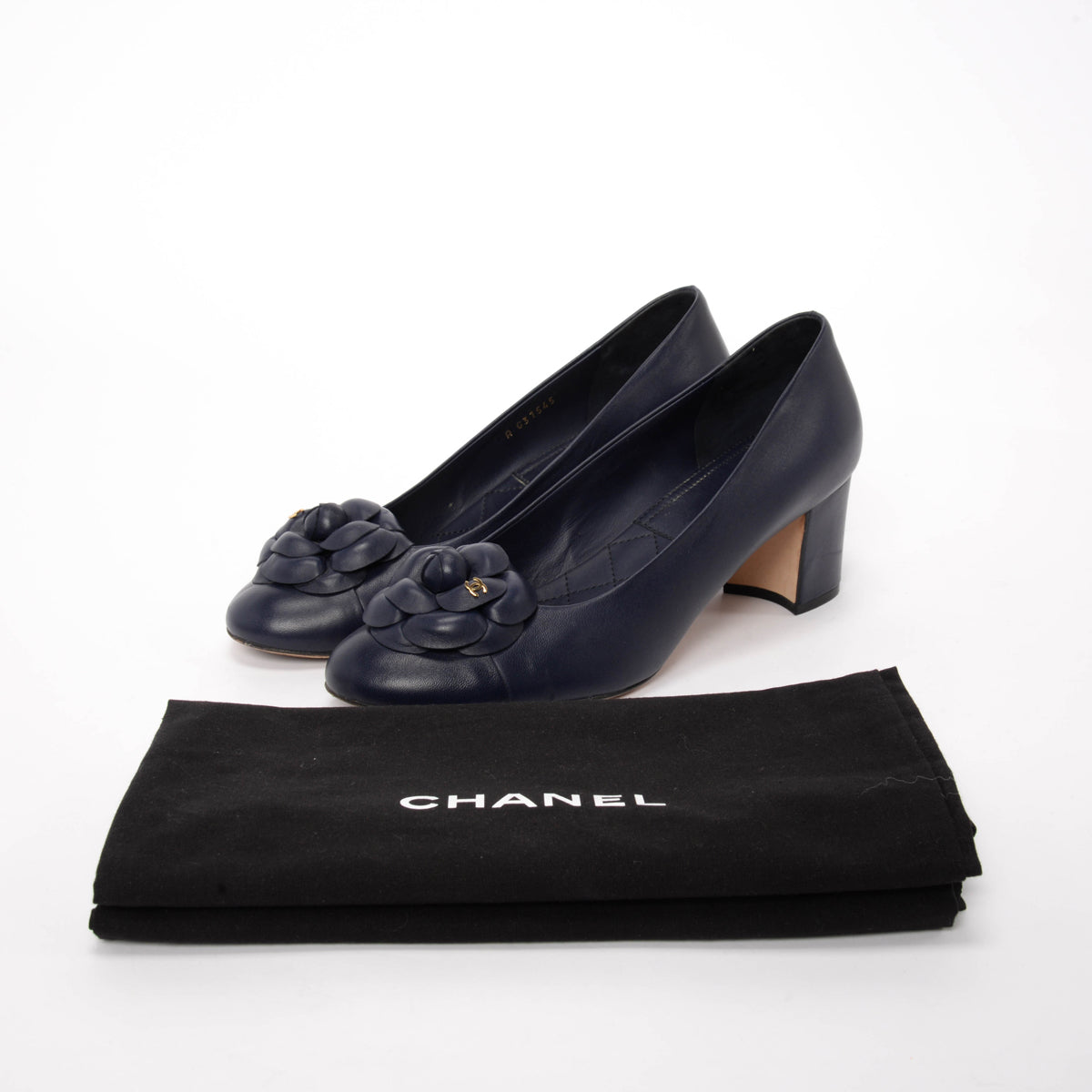 Chanel Navy Lambskin Camellia Pumps 40.5