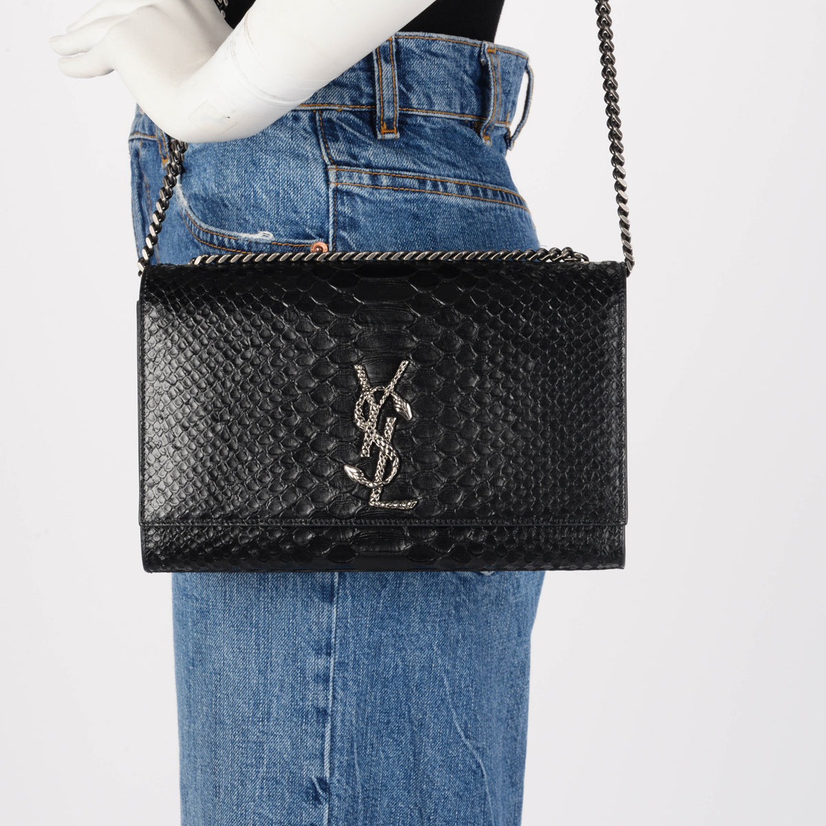 Saint Laurent Black Python Embossed Medium Kate Chain Bag