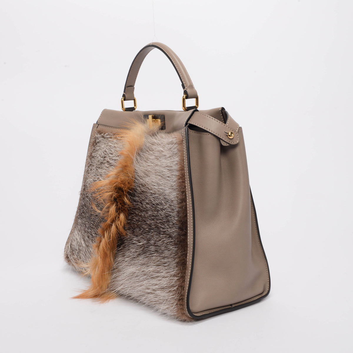 Fendi Taupe Leather & Fox Fur Large Peekaboo Tote