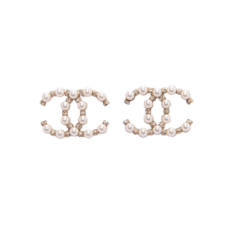Chanel Light Gold Pearl & Crystal CC Earrings