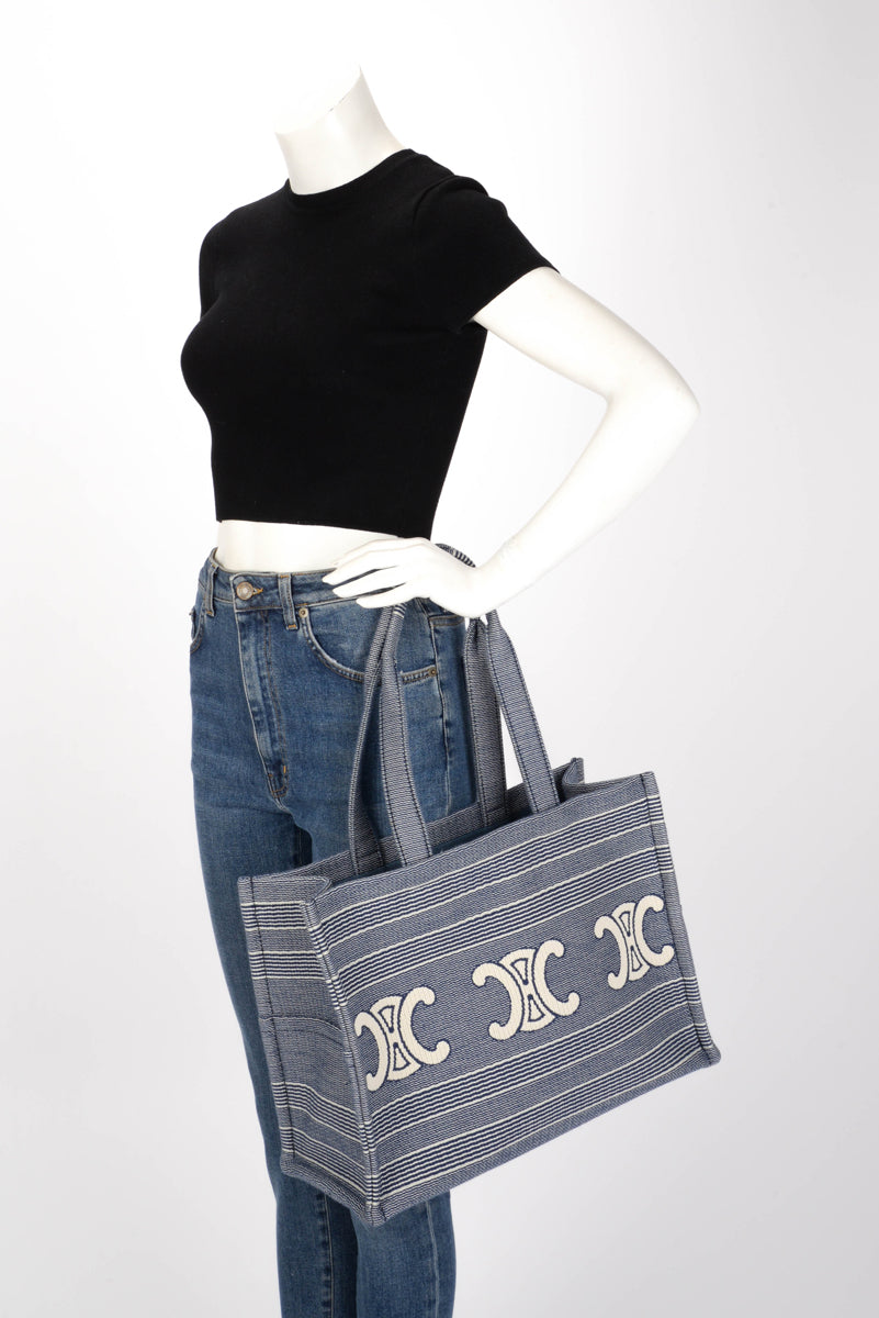Celine Blue Triomphe Embroidered Canvas Large Cabas Thais