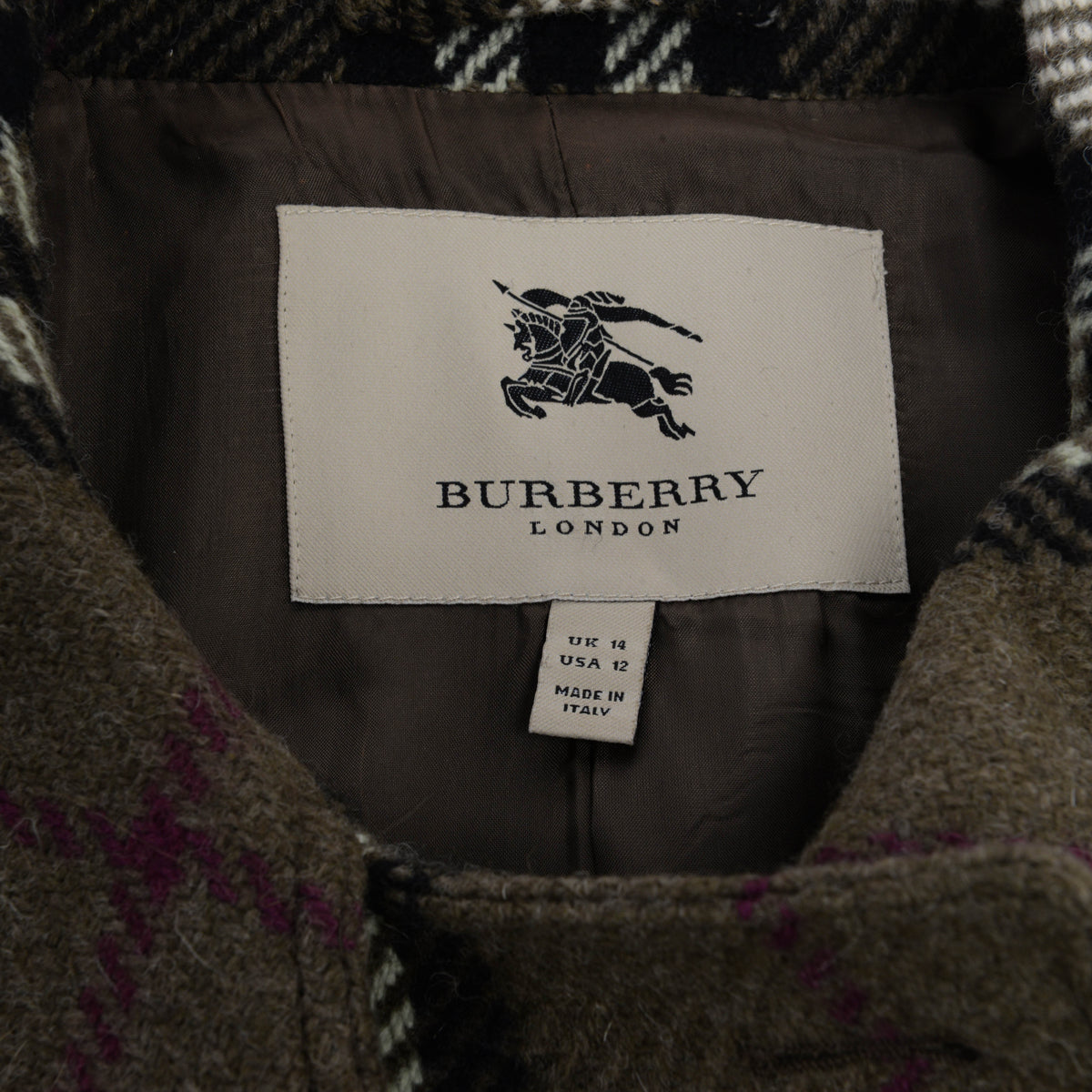 Burberry Olive Lambswool Classic Nova Check Coat UK 14