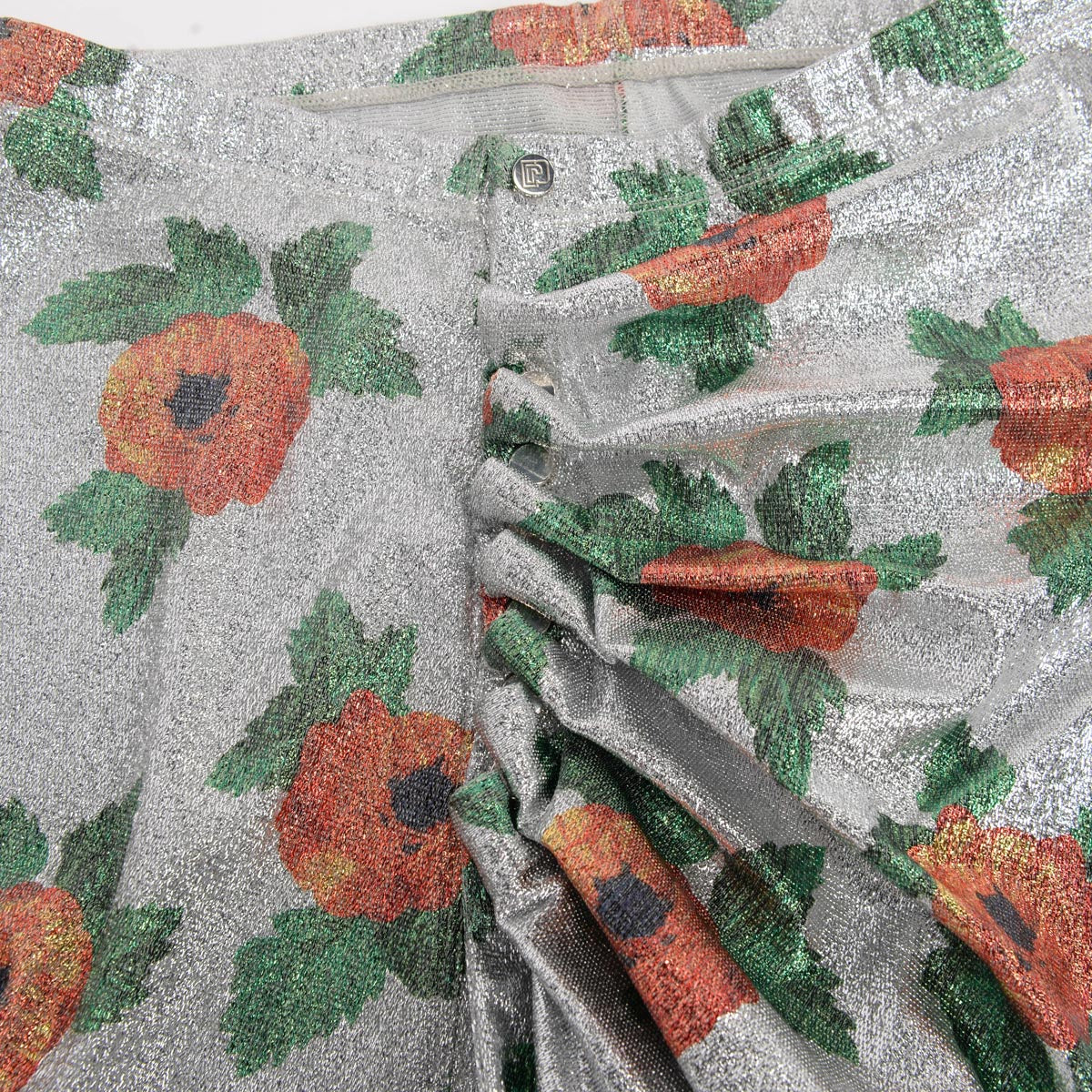 Paco Rabanne Silver Lurex Floral Print Ruched Skirt IT 36