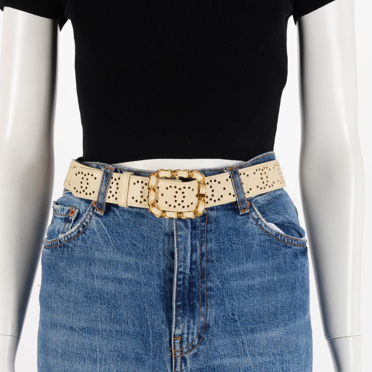 Chanel Cream Caviar Leather Perforated CC Belt