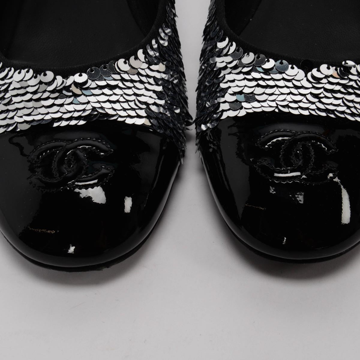 Chanel Black & Silver Sequin Encrusted CC Ballerina Flats 37.5