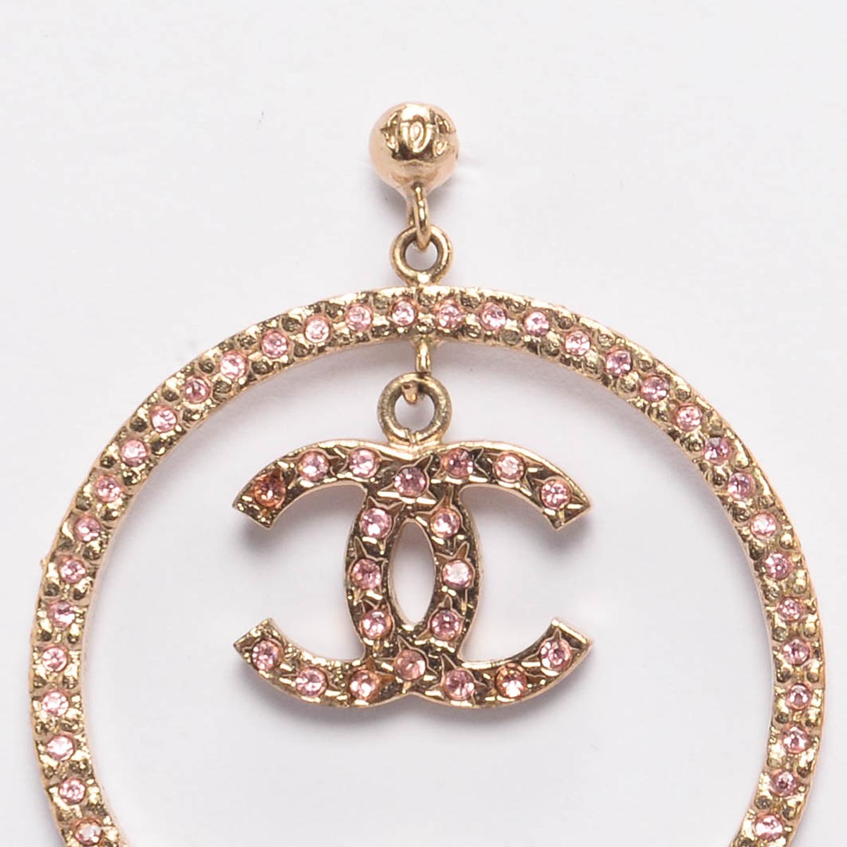 Chanel Light Gold & Pink Crystal CC Hoop Earrings