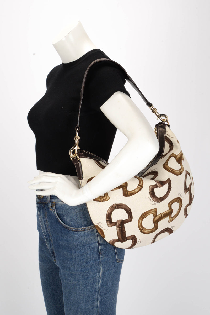 Gucci Brown Bamboo Horsebit Canvas Hobo Bag