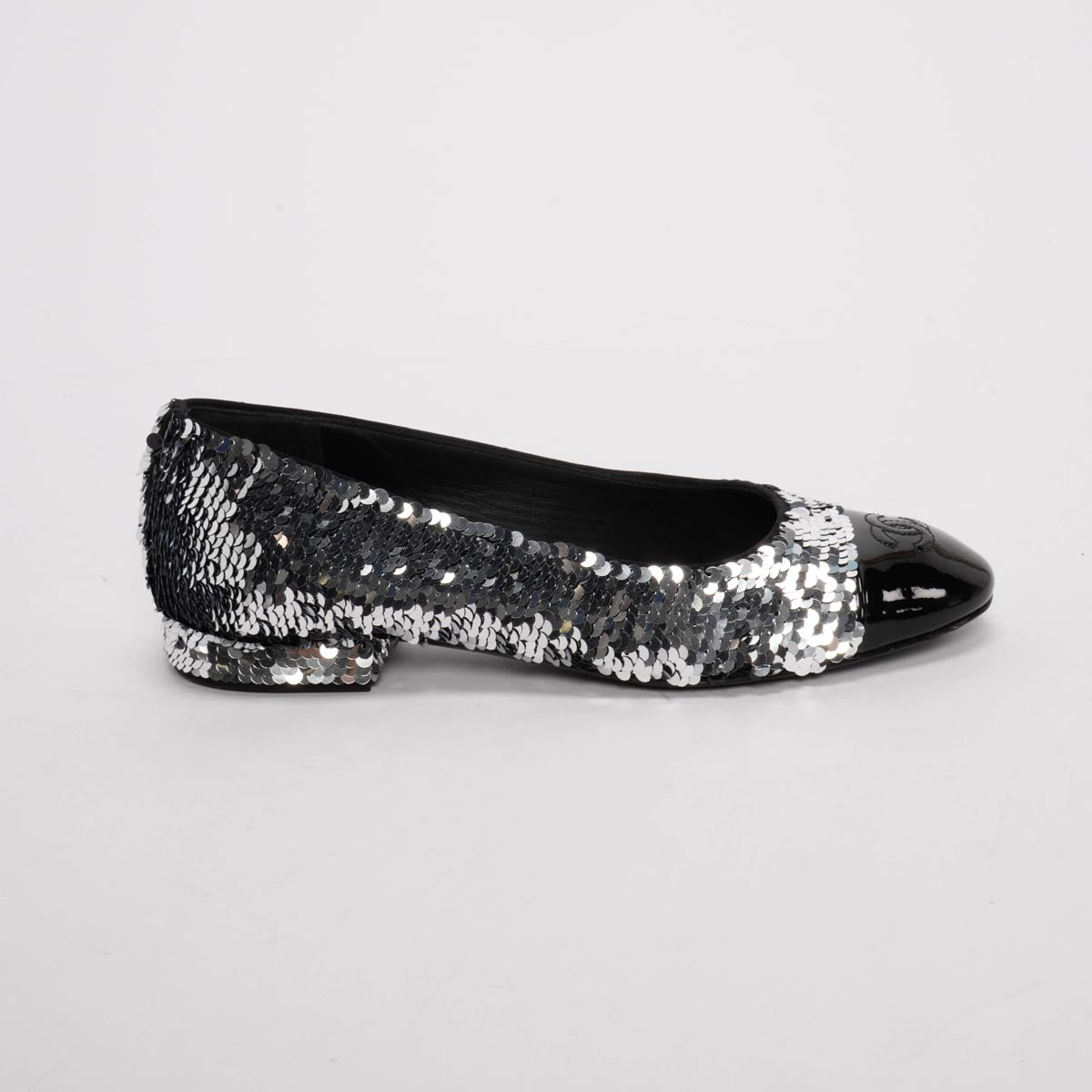 Chanel Black & Silver Sequin Encrusted CC Ballerina Flats 37.5